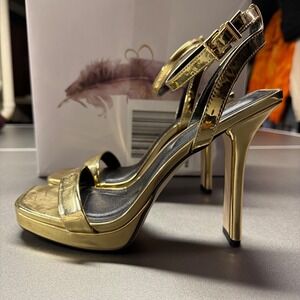Jessica Simpson Adonia Gold Mirror Metallic Blade Heel Platform Sandals ADONIA